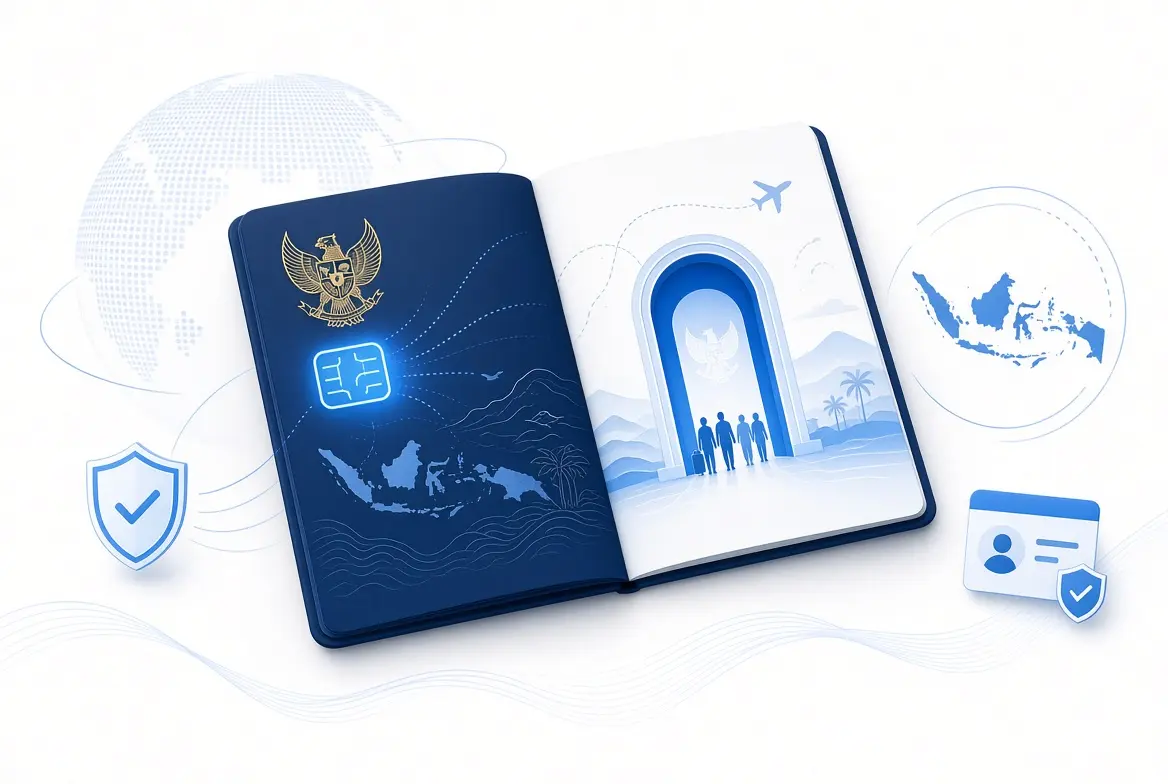Ilustrasi paspor Indonesia dengan chip biometrik dan peta Indonesia